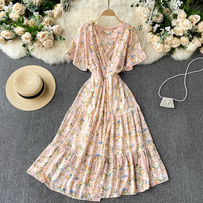 Robe à fleurs pour femmes, tenue d'été, col en v, Slim, mi-longue, à volants, jupe de vacances