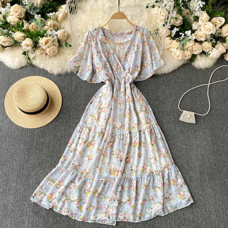 Robe à fleurs pour femmes, tenue d'été, col en v, Slim, mi-longue, à volants, jupe de vacances