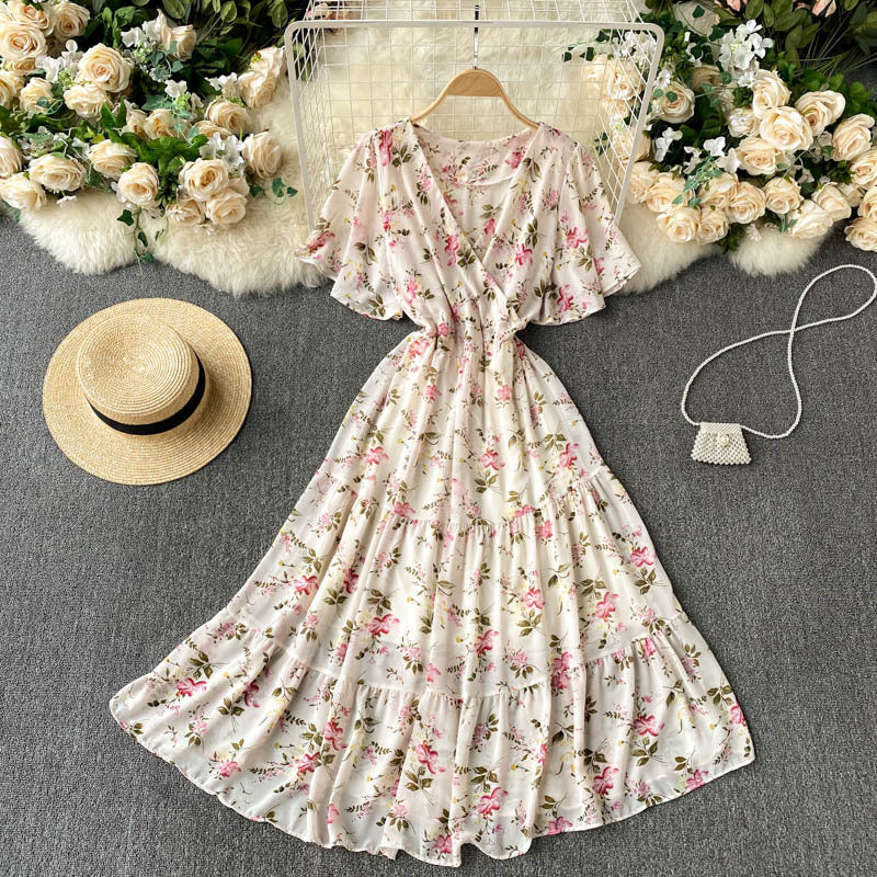 Robe à fleurs pour femmes, tenue d'été, col en v, Slim, mi-longue, à volants, jupe de vacances