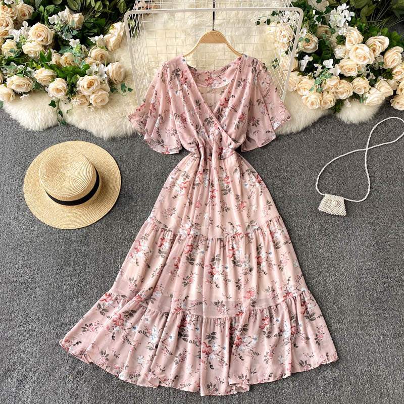 Robe à fleurs pour femmes, tenue d'été, col en v, Slim, mi-longue, à volants, jupe de vacances