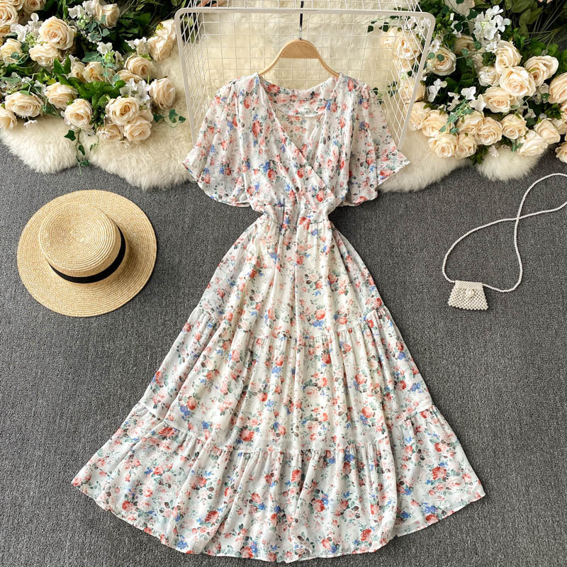 Robe à fleurs pour femmes, tenue d'été, col en v, Slim, mi-longue, à volants, jupe de vacances