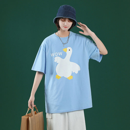 El nuevo estilo suelto de verano con estampado de pato y apariencia de estudiante coreana, ropa de mujer de talla grande que combina con todo