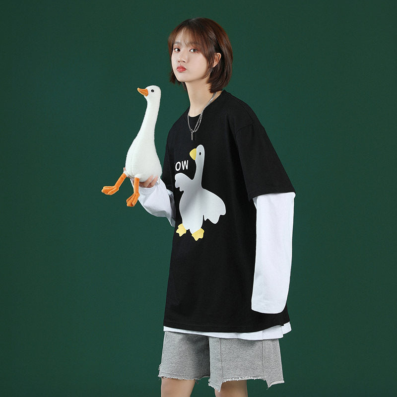 El nuevo estilo suelto de verano con estampado de pato y apariencia de estudiante coreana, ropa de mujer de talla grande que combina con todo