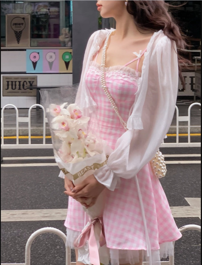 Vestido de calle frito dulce y picante falda con tirantes a cuadros para niña nueva primavera