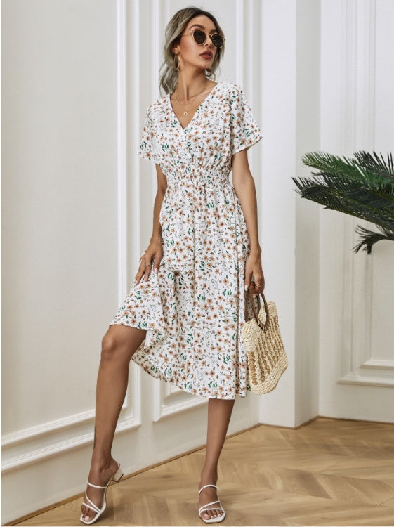 Vestido casual con estampado floral nuevo para mujer, vestido blanco con cintura alta