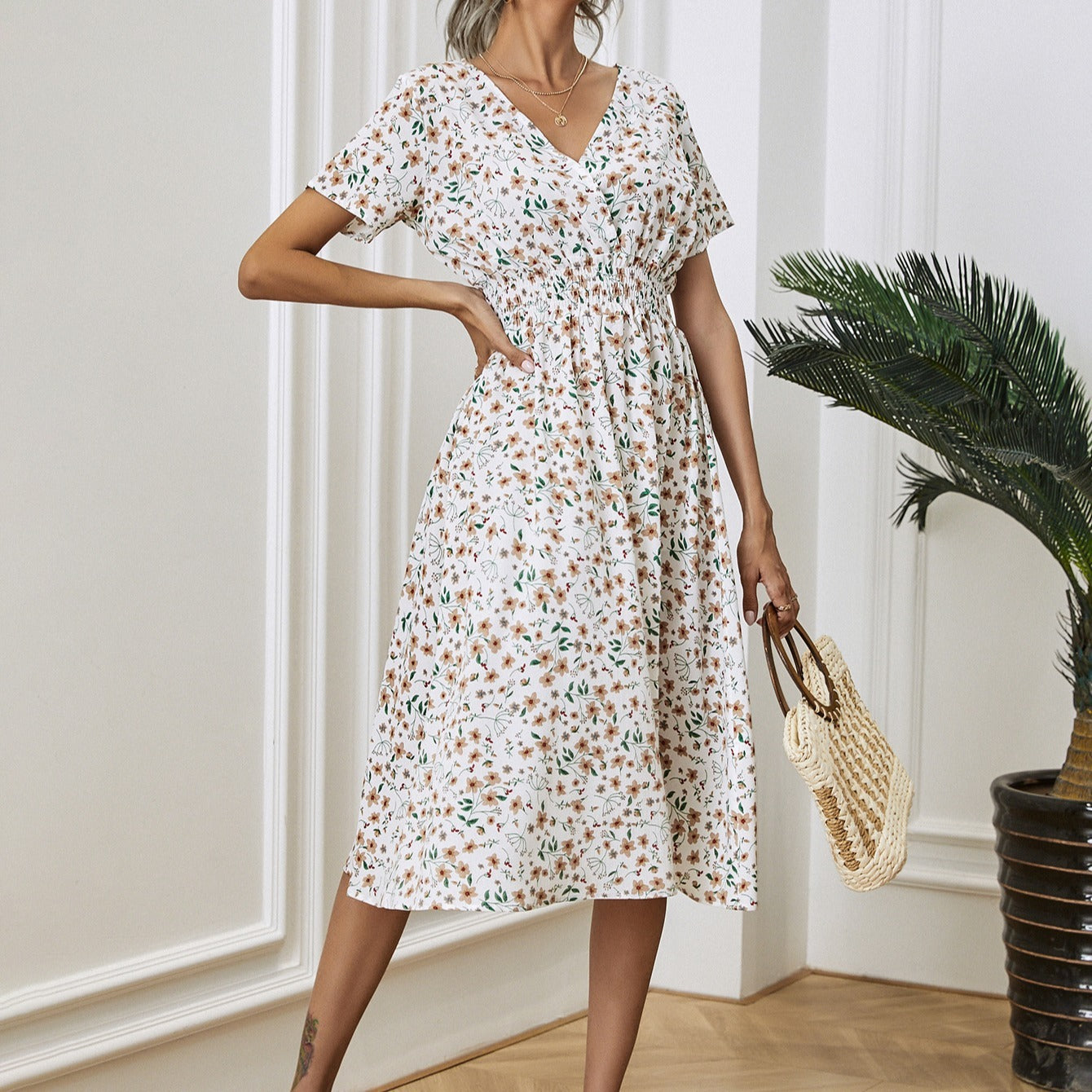 Vestido casual con estampado floral nuevo para mujer, vestido blanco con cintura alta