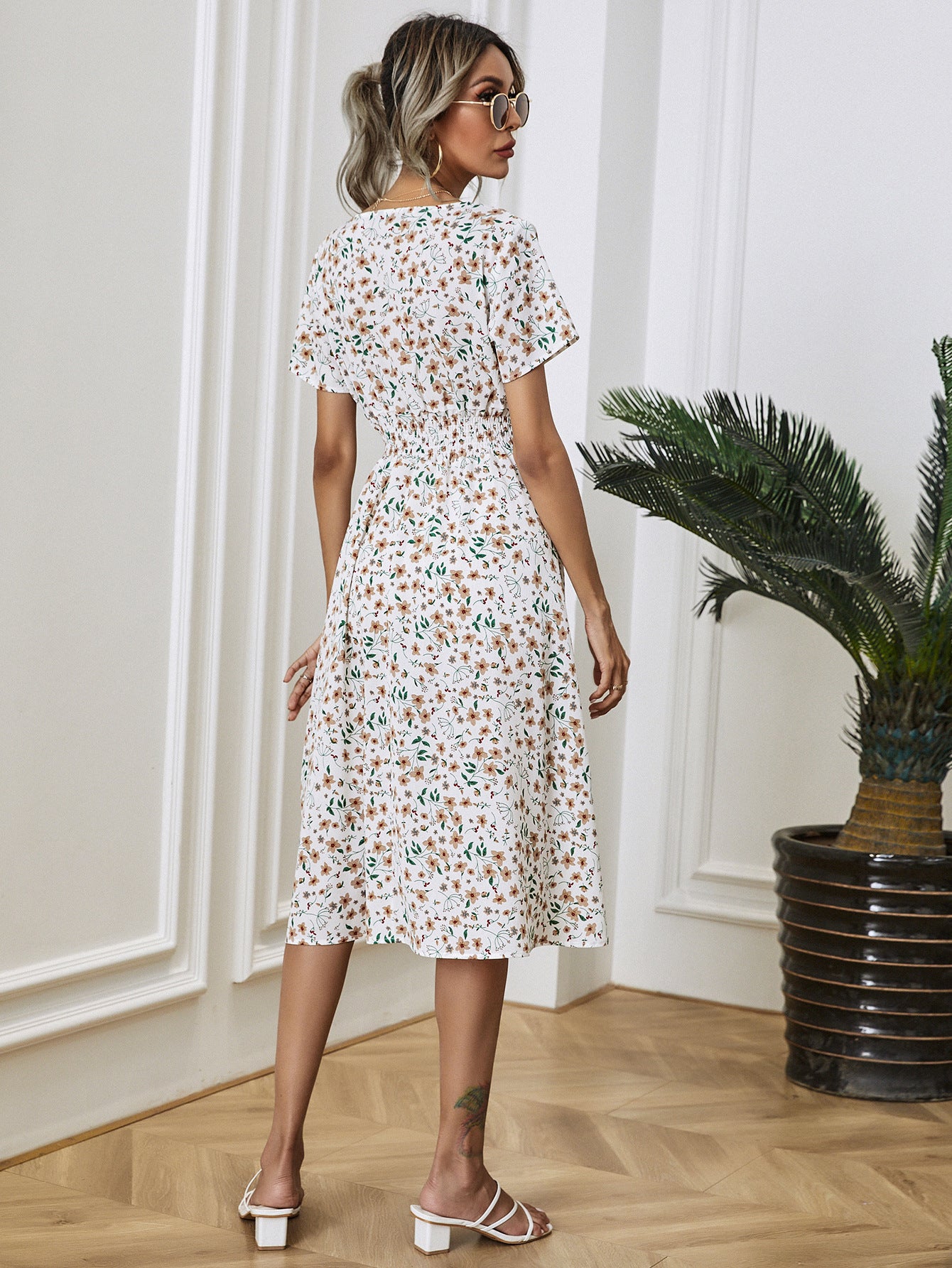 Robe décontractée à fleurs pour femmes, nouvelle robe blanche à taille haute