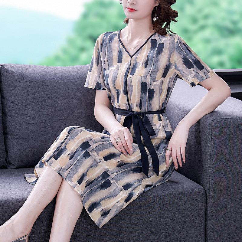 Women's Short-sleeved Floral Silk Dress