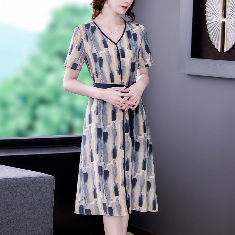 Women's Short-sleeved Floral Silk Dress