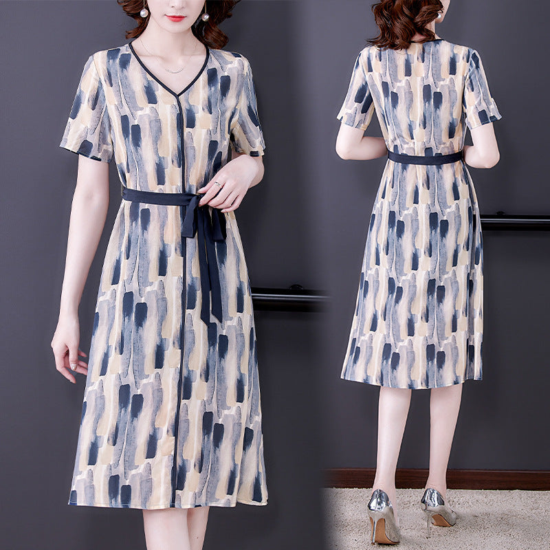 Women's Short-sleeved Floral Silk Dress