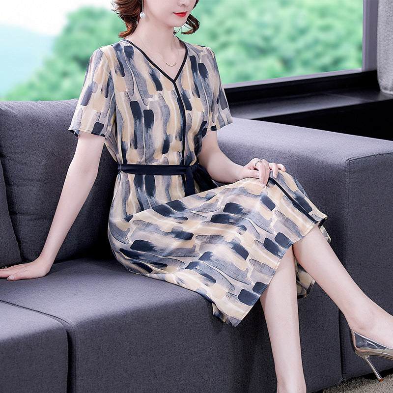 Women's Short-sleeved Floral Silk Dress