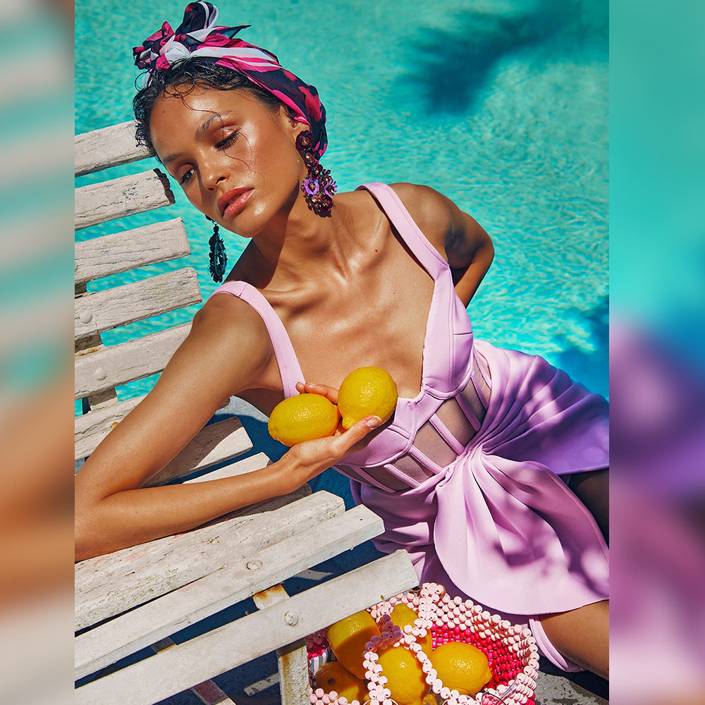 Vestido de flores irregulares dividido plegado con pecho envuelto y corte ajustado a la moda para mujer