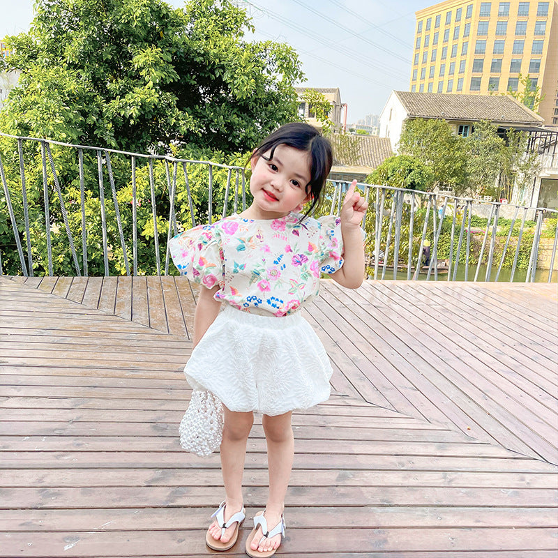 Vêtements d'été coréens pour enfants, chemise à fleurs pour filles, costume