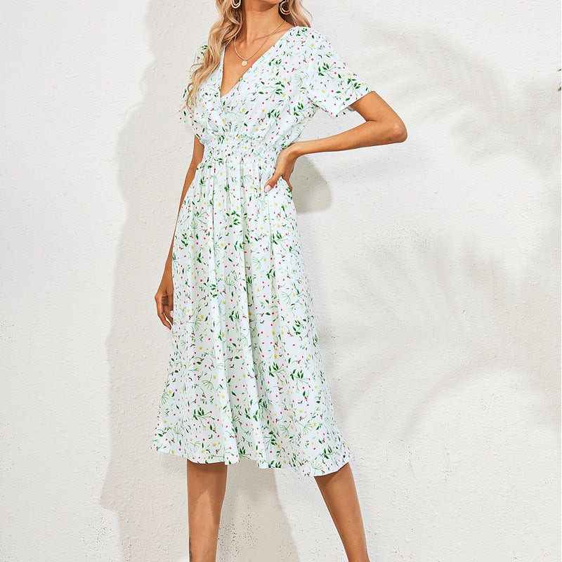 Women's New Floral Casual Dress White Waist Dress