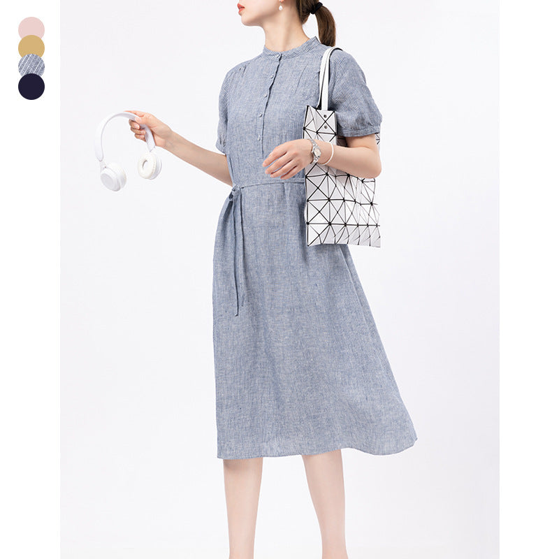 Short Sleeve Linen Dress Women Loose Casual Lace Up Midi Skirt