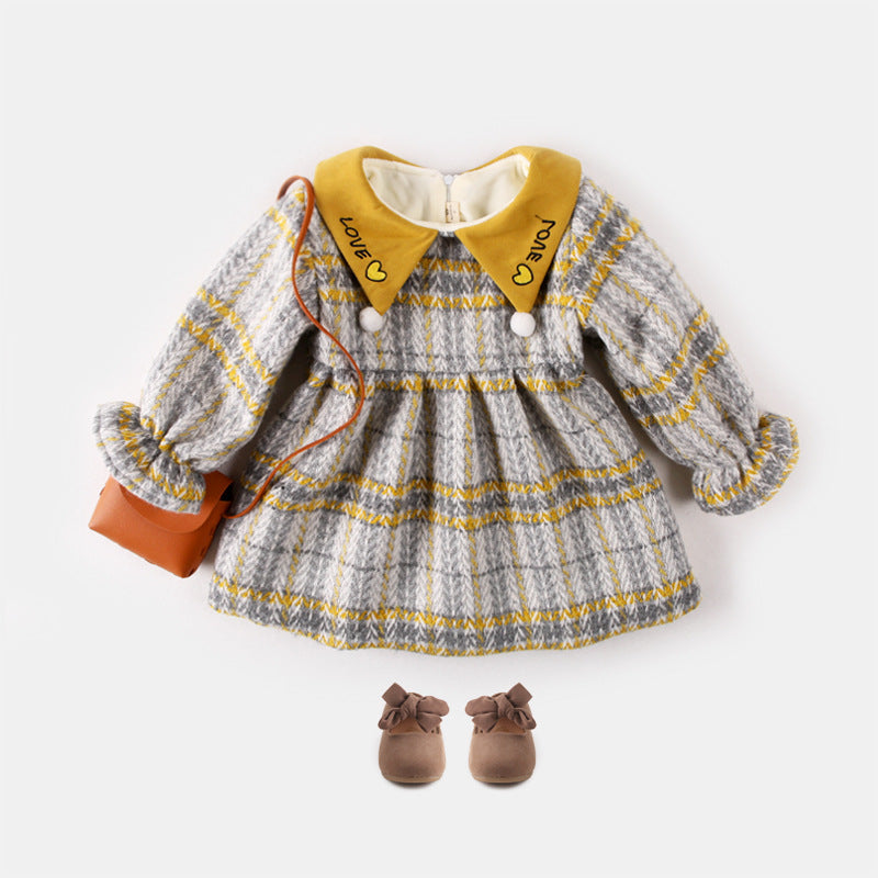 Autumn and winter plus velvet plaid thickened baby girl dress