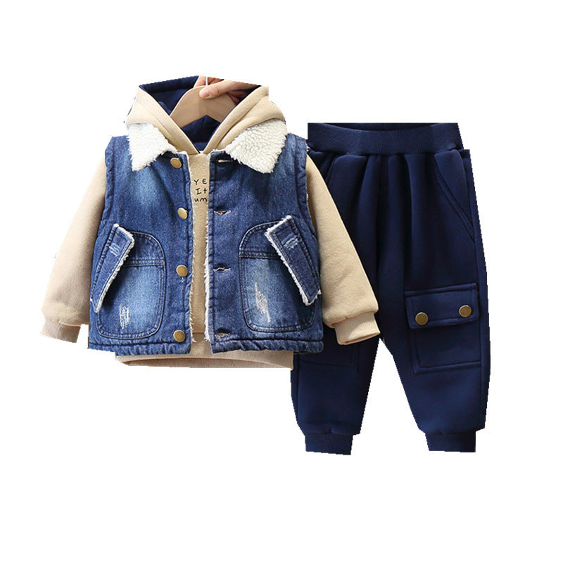 Boys and girls children's autumn and winter jeans Plush suit