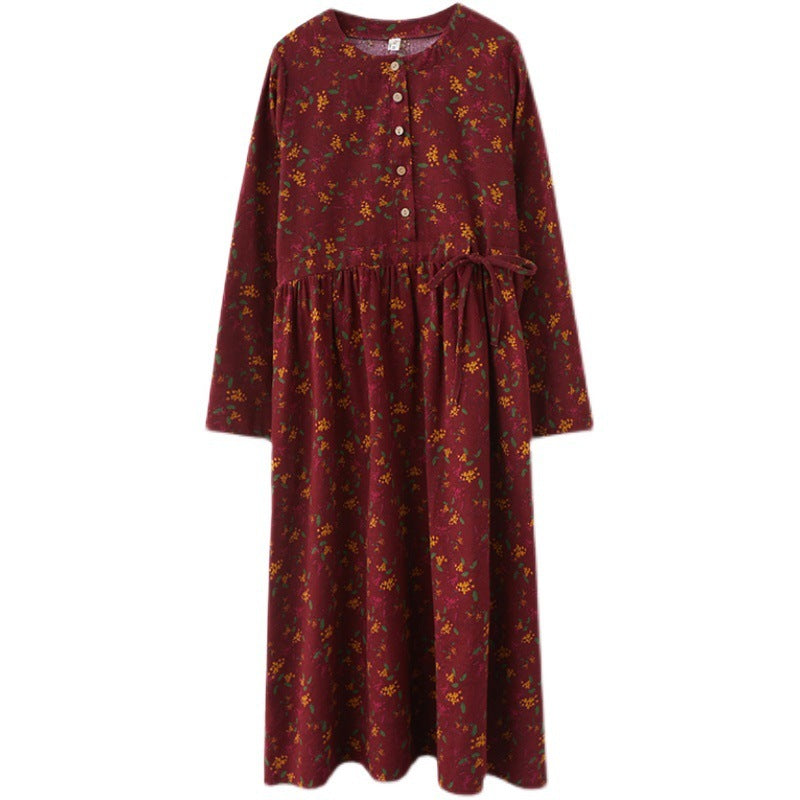 Artistic Vintage Floral Cotton And Linen Long-sleeved Dress