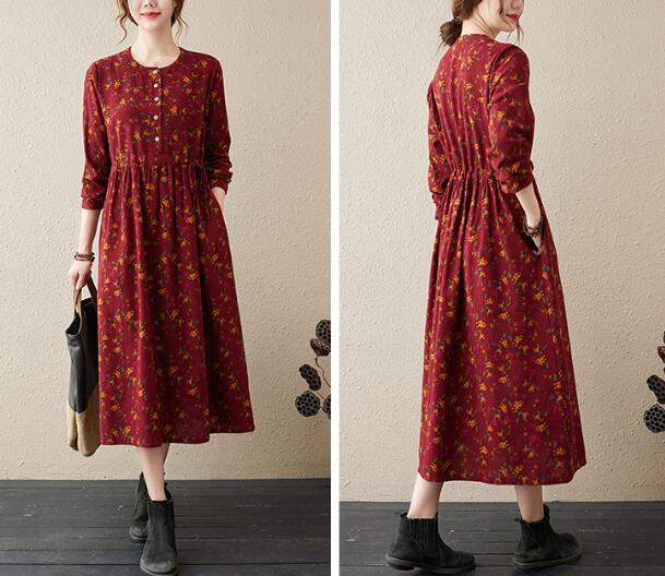 Robe à manches longues en coton et lin floral vintage artistique