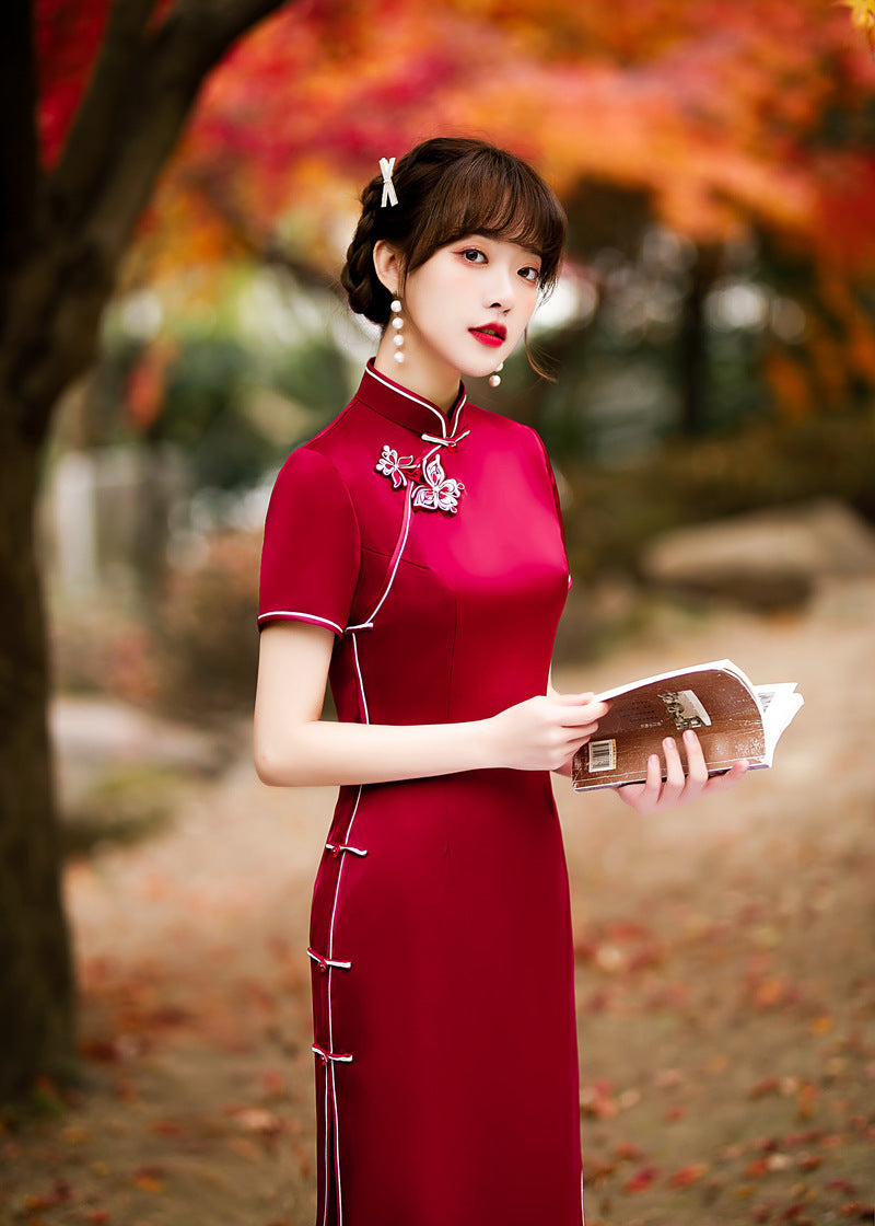 Large Flower Button Butterfly Slimming Elegant Simple Cheongsam Dress