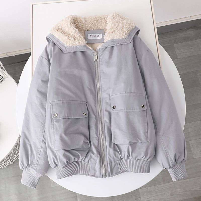 Cold Protective Clothing Warm Fleece Lined Candy Color Overalls Circle Fur Collar Lamb Student