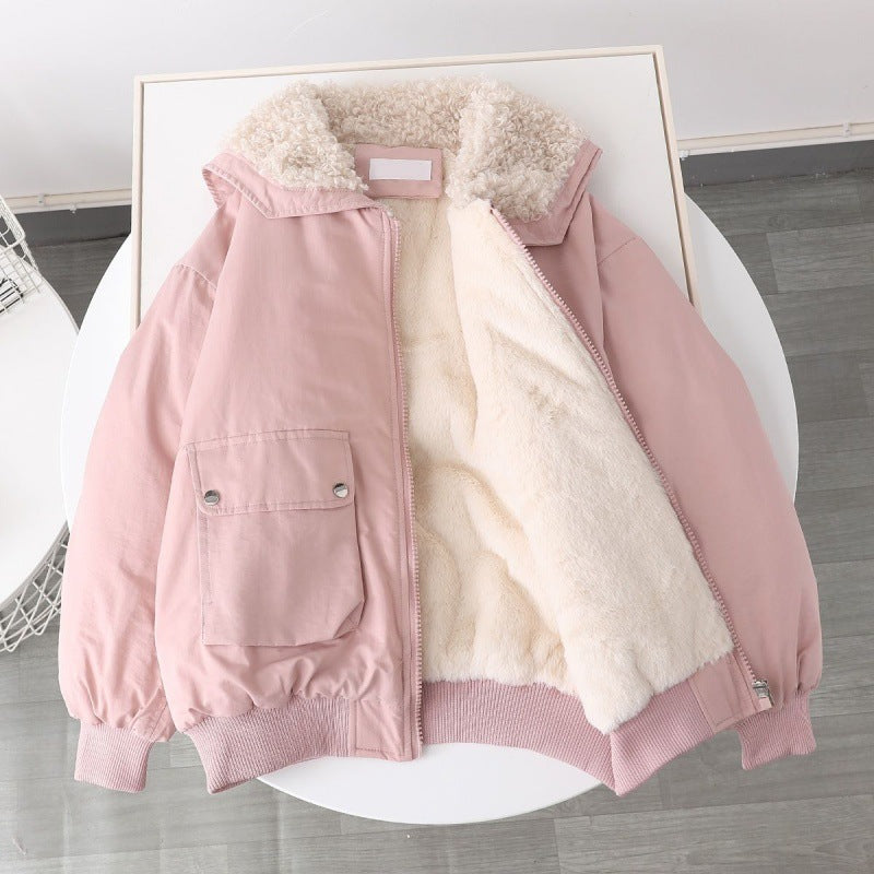 Cold Protective Clothing Warm Fleece Lined Candy Color Overalls Circle Fur Collar Lamb Student