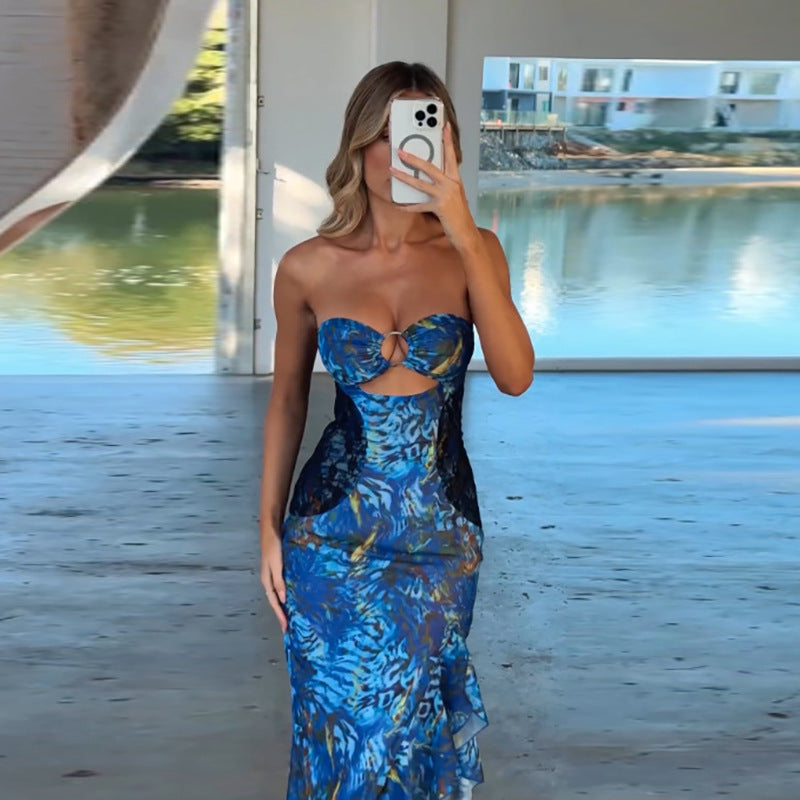 Vestido con abertura y estampado floral de malla transparente bandeau a la moda para mujer