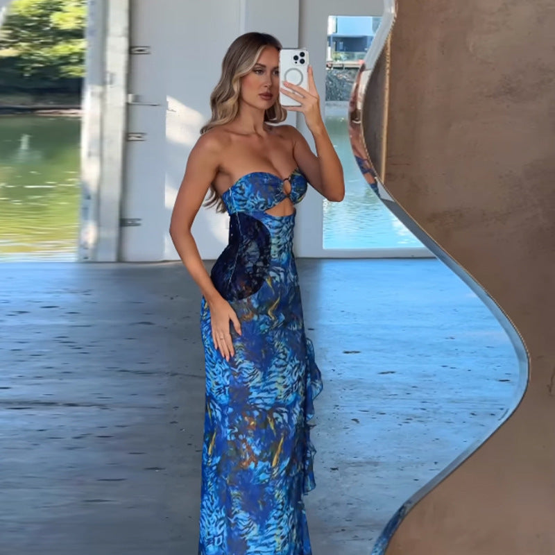 Vestido con abertura y estampado floral de malla transparente bandeau a la moda para mujer