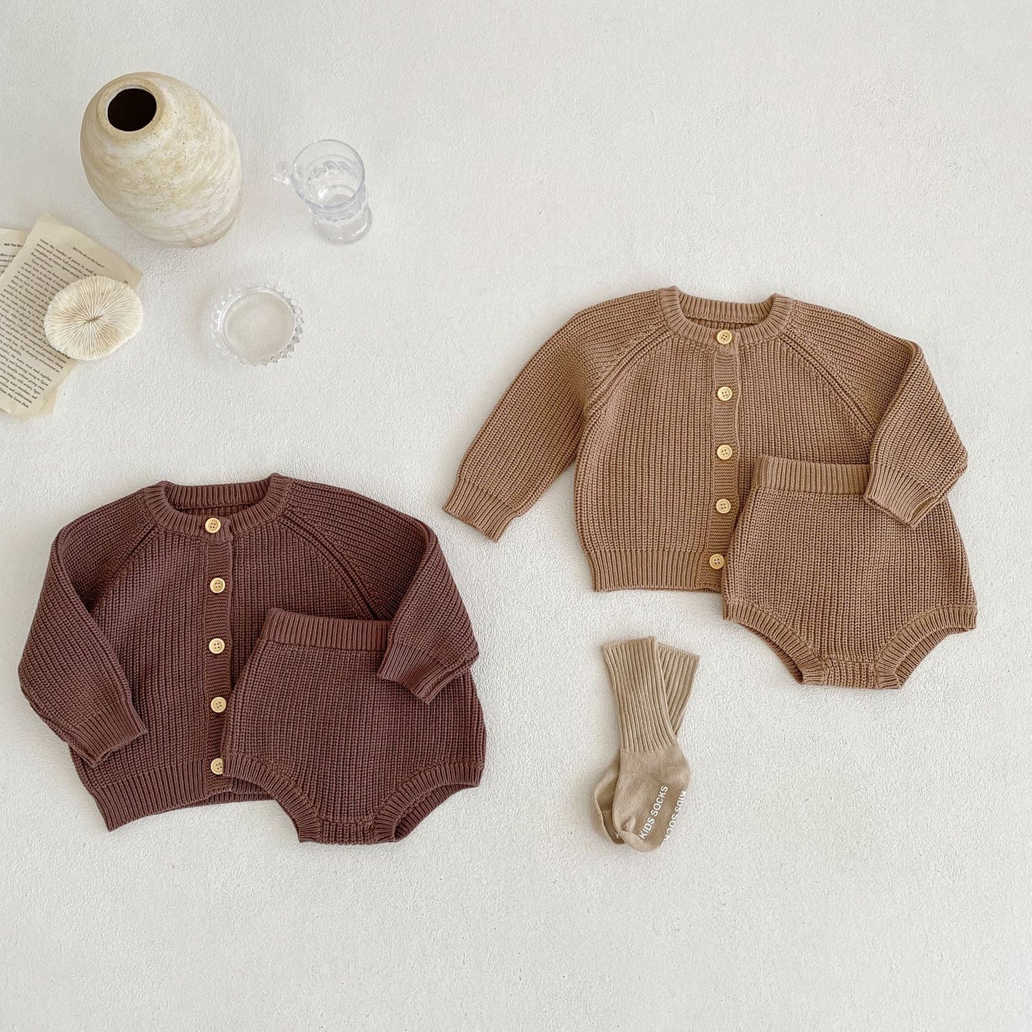 Costume deux pièces en fil de coton pour bébé, sous-vêtement volumineux, Cardigan, manteau