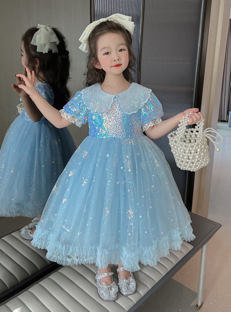 Robe d'anniversaire pour filles, col de poupée, robe de princesse parapluie à paillettes