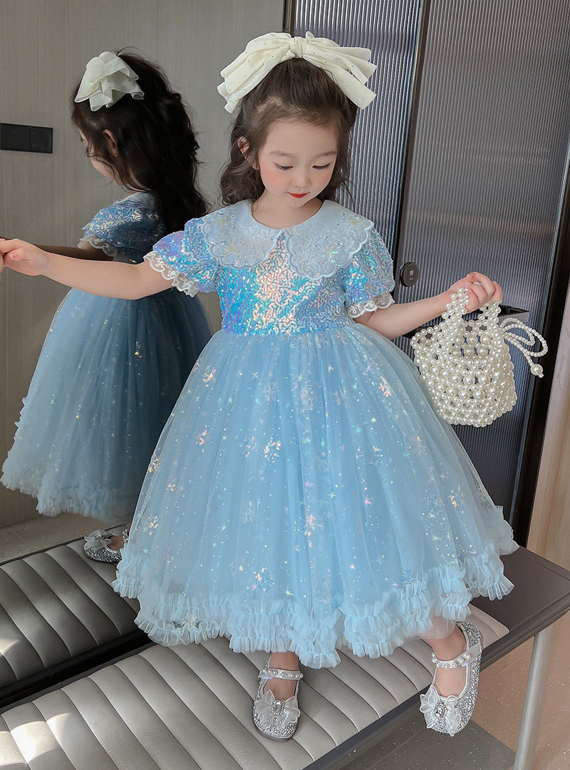 Robe d'anniversaire pour filles, col de poupée, robe de princesse parapluie à paillettes