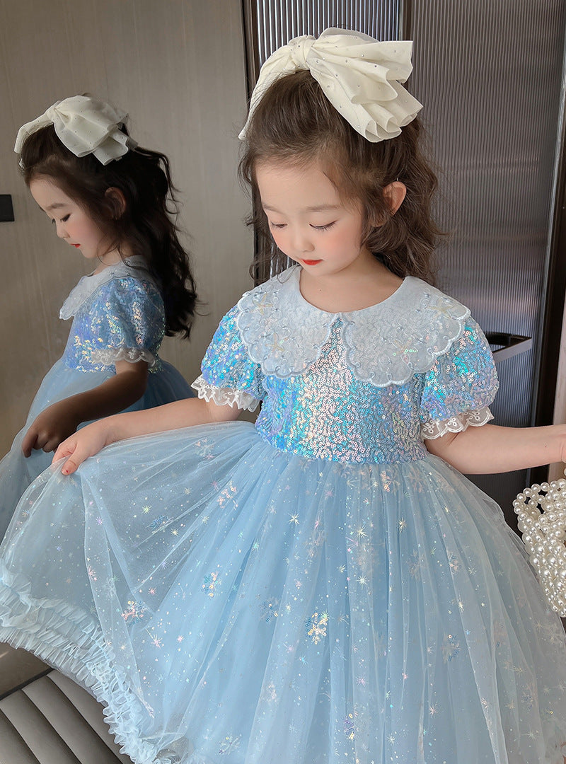 Robe d'anniversaire pour filles, col de poupée, robe de princesse parapluie à paillettes