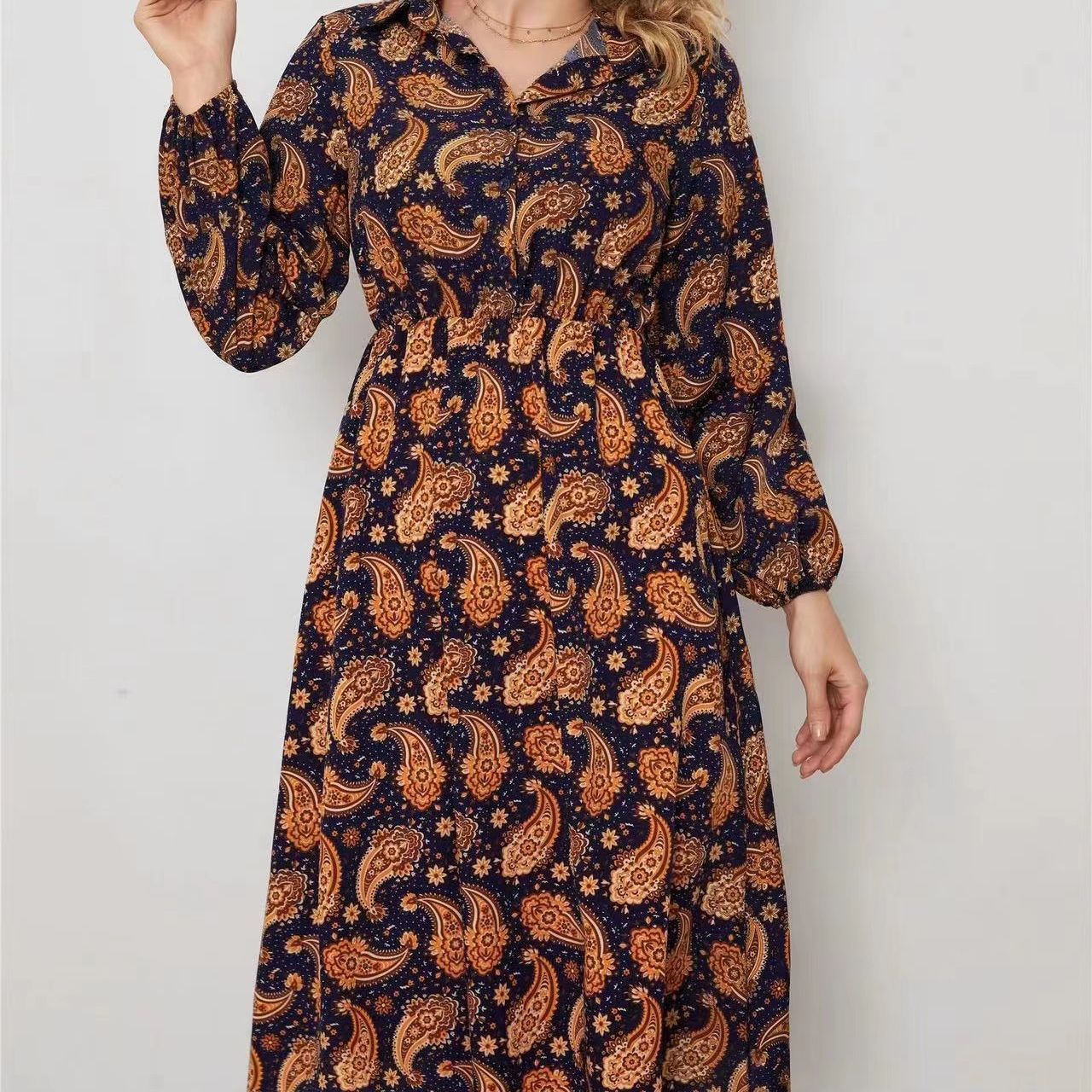 Women's Polyester Casual Long-sleeved Floral Shirt Dress