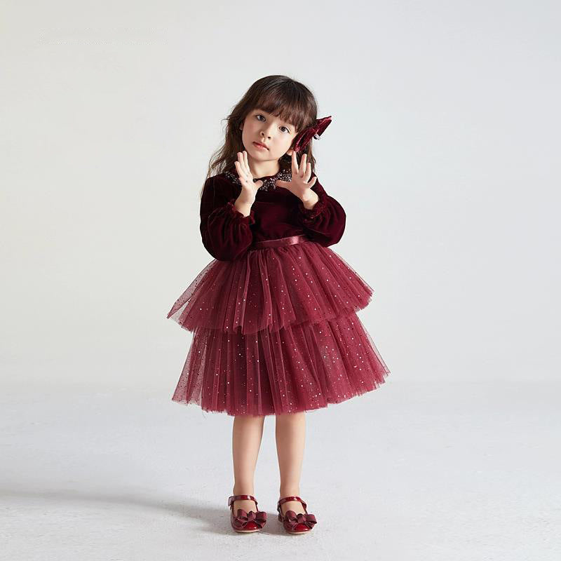 Robe à la mode pour petite fille en velours à manches longues européenne et américaine