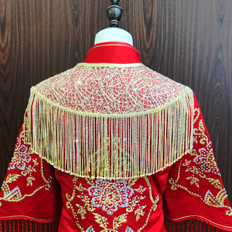 Xiuhe Mantón Boda Nupcial Vestido Tradicional De Encaje Con Borlas De Oro Rojo