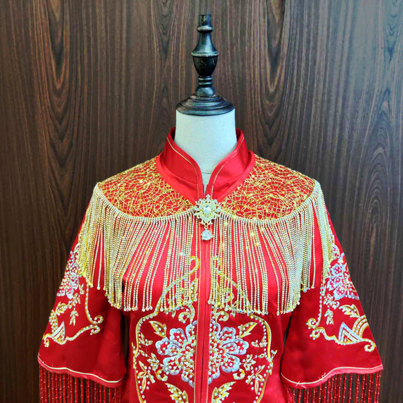 Xiuhe Mantón Boda Nupcial Vestido Tradicional De Encaje Con Borlas De Oro Rojo