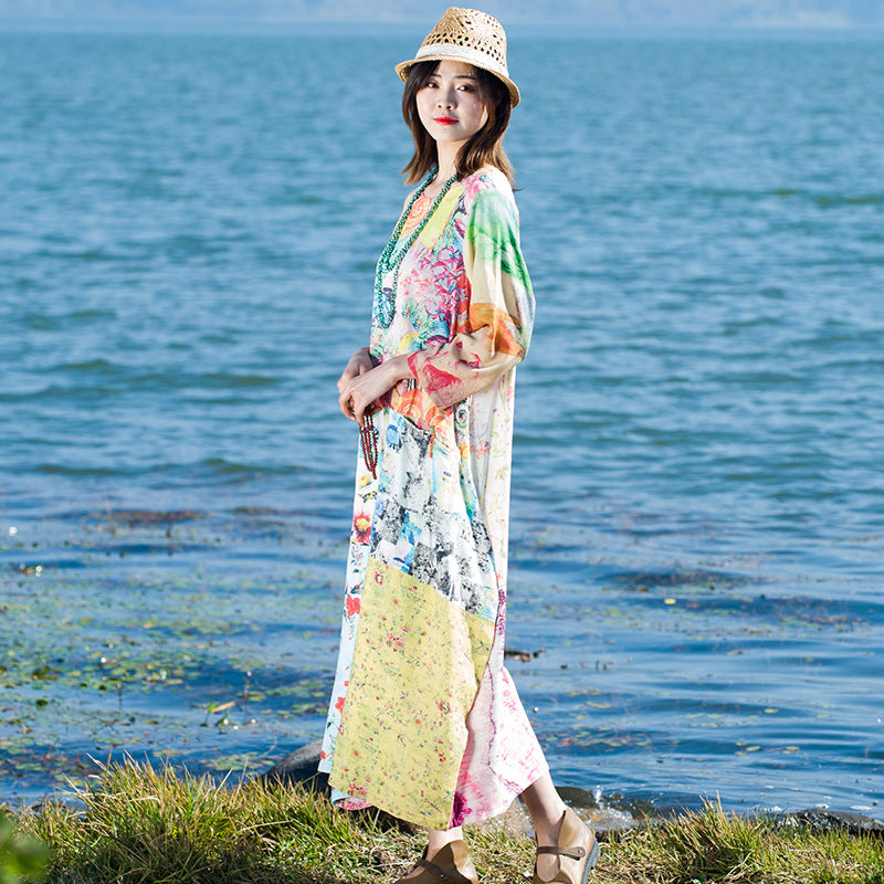 Vestido de algodón y lino Vestido estampado con costuras para mujer