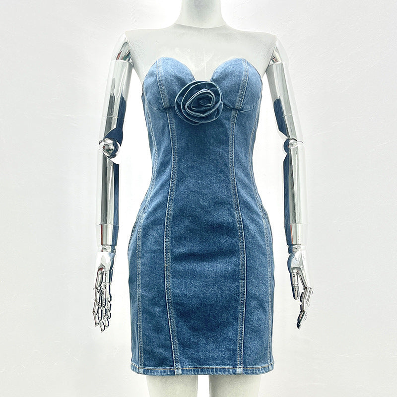 Women's Sculptural Floral Appliqu Denim Dress