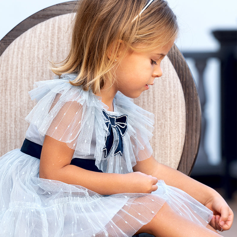 Jupe plissée gris bleu avec nœud papillon pour fille