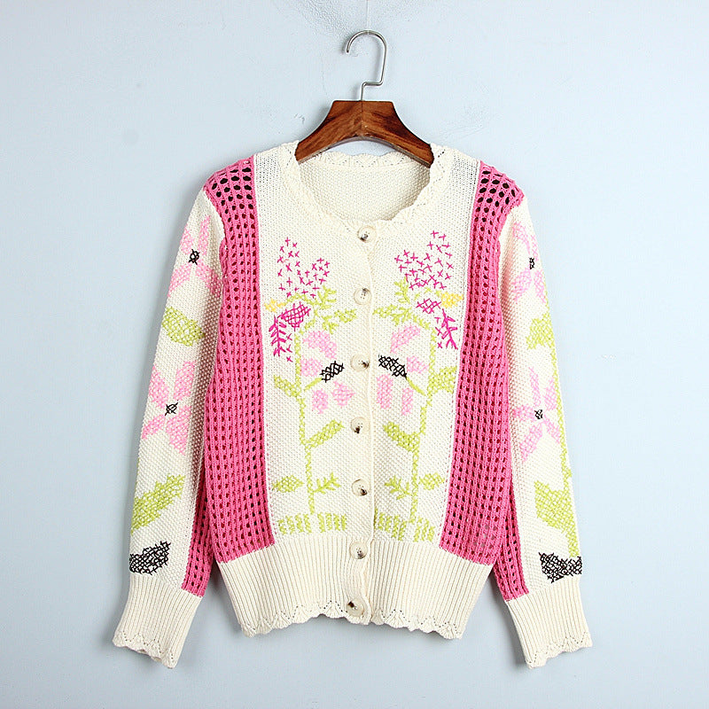 Single Breasted Embroidered Sweater Cardigan Spring Autumn Winter Retro Crew Neck Hollow Out Cutout Out Spliced Knitwear