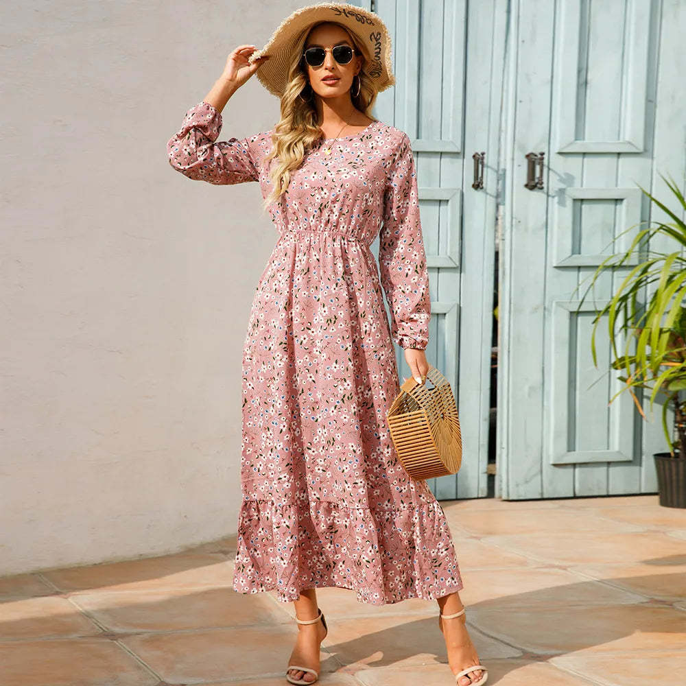 Women's Graceful And Fashionable Round Neck Floral Dress