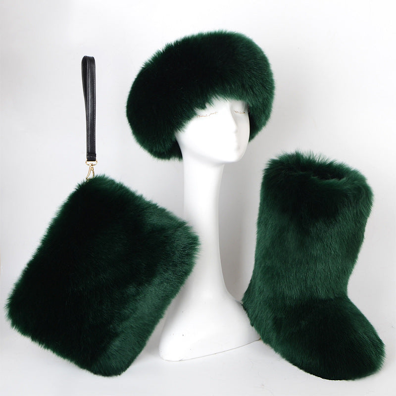 Fur Boots Velvet Padded Plus Size Imitation Fox Fur Fur Women's Snow Boots Three-piece Set