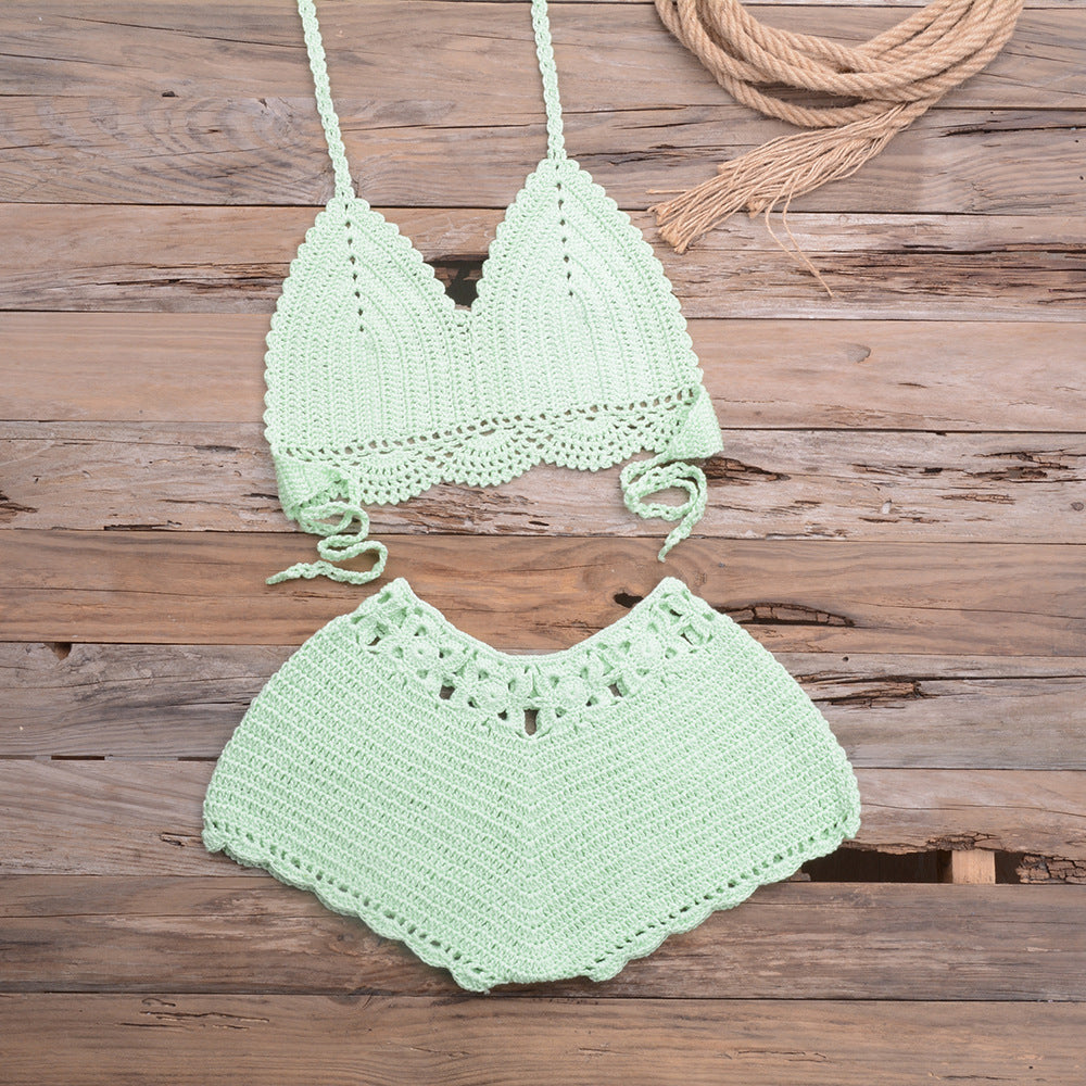 Maillot de bain bikini fendu en dentelle tissée au crochet à la main pour les sports en plein air et les vacances à la plage