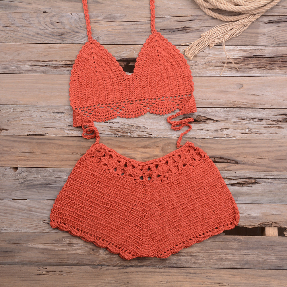 Maillot de bain bikini fendu en dentelle tissée au crochet à la main pour les sports en plein air et les vacances à la plage