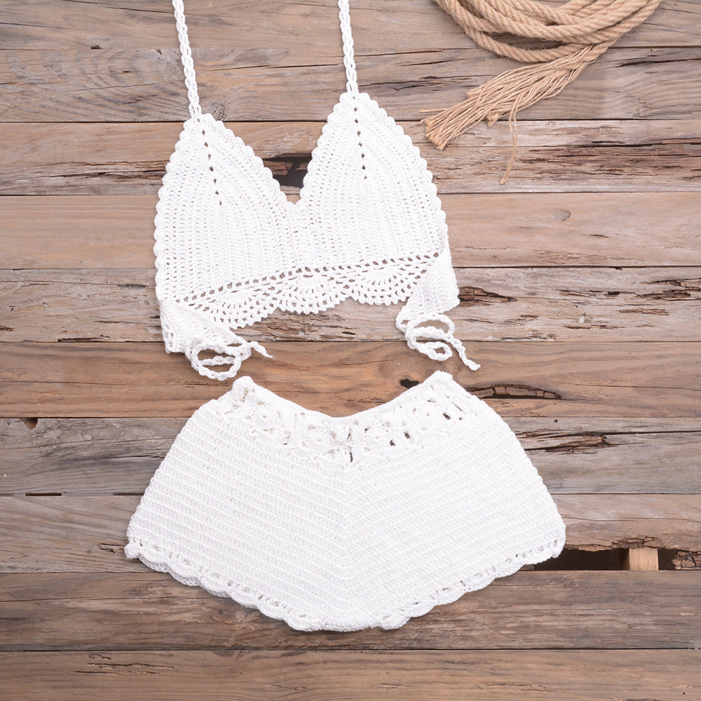 Maillot de bain bikini fendu en dentelle tissée au crochet à la main pour les sports en plein air et les vacances à la plage