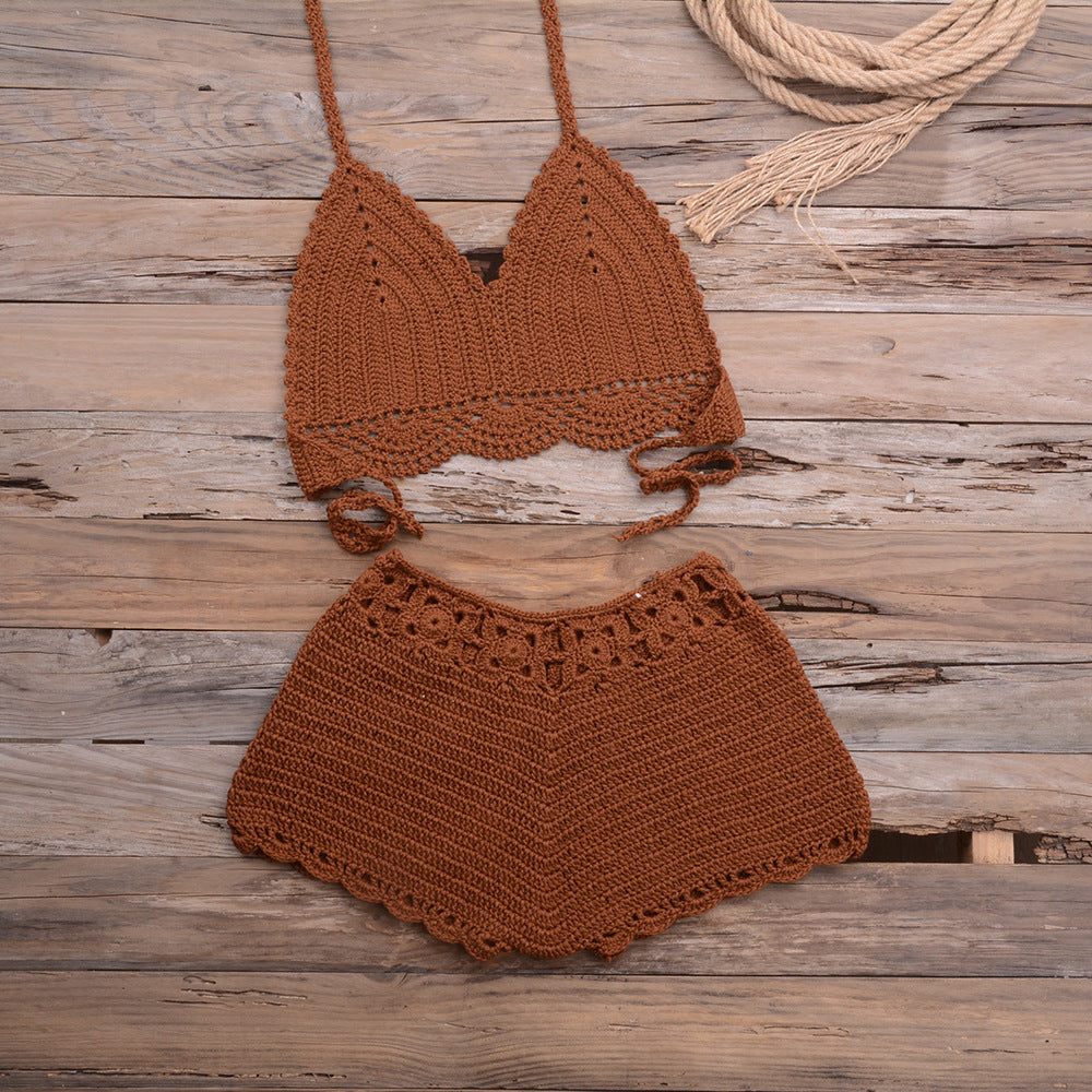 Maillot de bain bikini fendu en dentelle tissée au crochet à la main pour les sports en plein air et les vacances à la plage