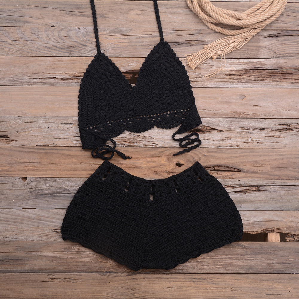 Maillot de bain bikini fendu en dentelle tissée au crochet à la main pour les sports en plein air et les vacances à la plage