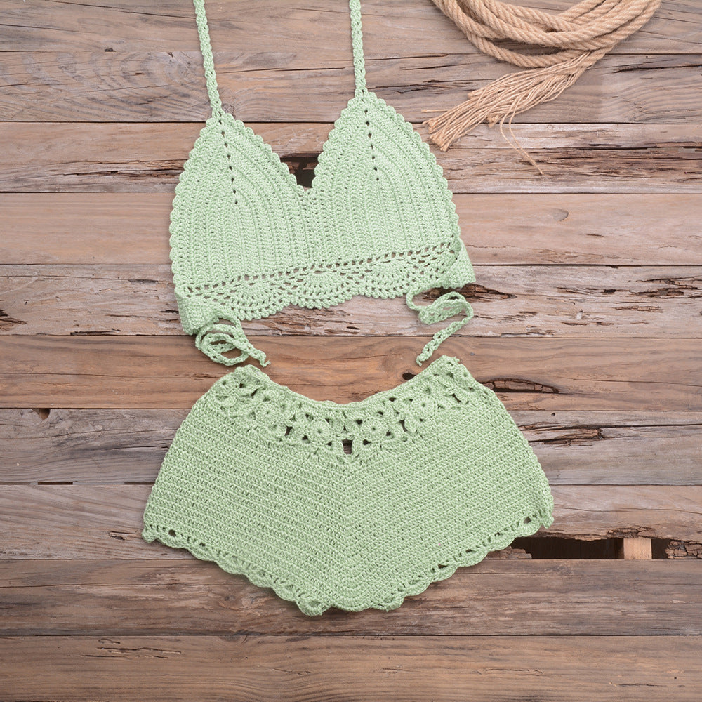 Maillot de bain bikini fendu en dentelle tissée au crochet à la main pour les sports en plein air et les vacances à la plage