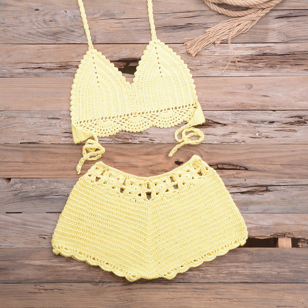 Maillot de bain bikini fendu en dentelle tissée au crochet à la main pour les sports en plein air et les vacances à la plage