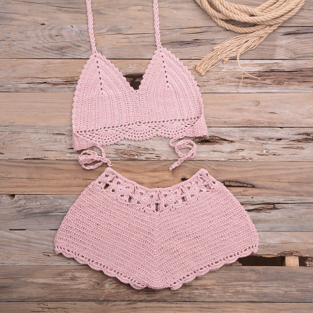 Maillot de bain bikini fendu en dentelle tissée au crochet à la main pour les sports en plein air et les vacances à la plage